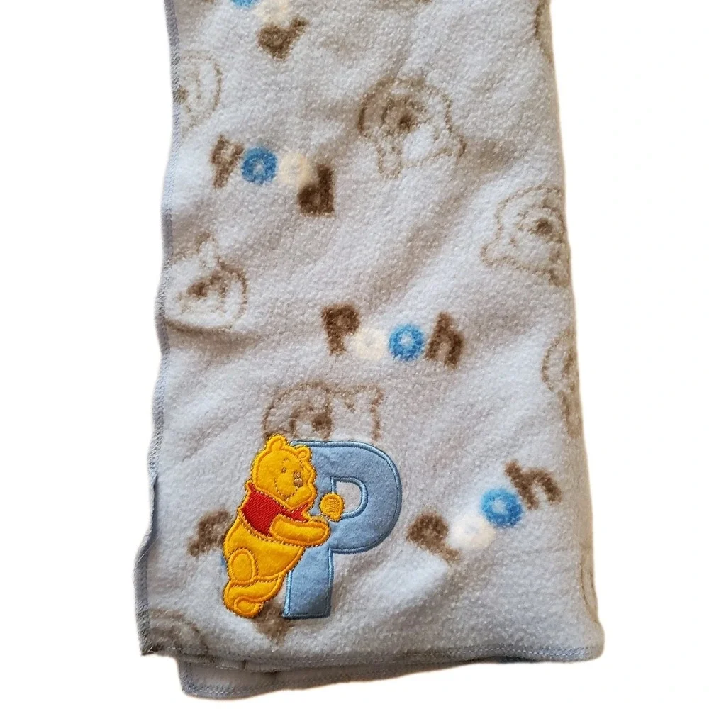 Disney Pooh Baby Blanket Blue Fleece Brown White P Appliqué Faces P O O H‎